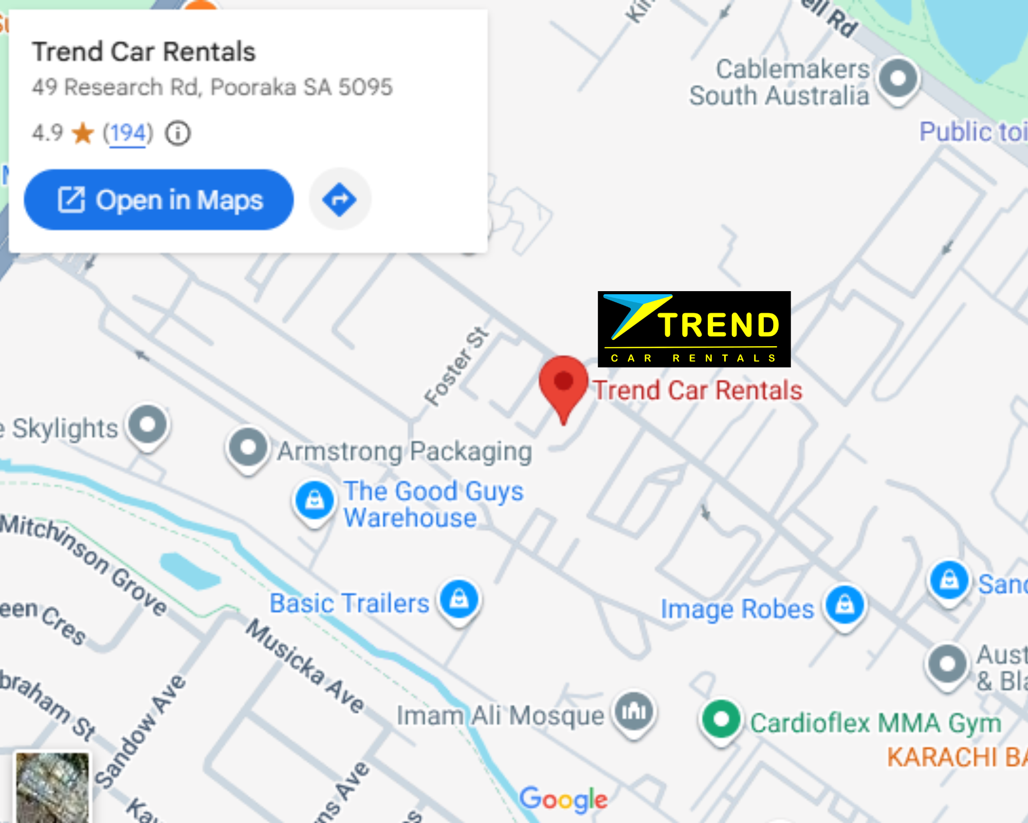 Trend Car Rentals Pooraka Adelaide google maps location